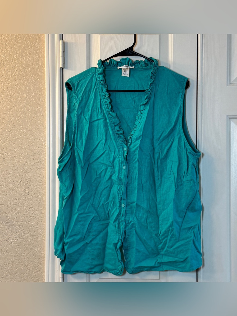 Women’s Teal Susan Bristol Woman Size 3XL Button Up  Sleeveless‎ Ruffle Collar